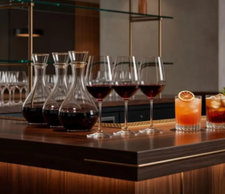 Handcrafted cocktails and Australian wines displayed at a luxury bar