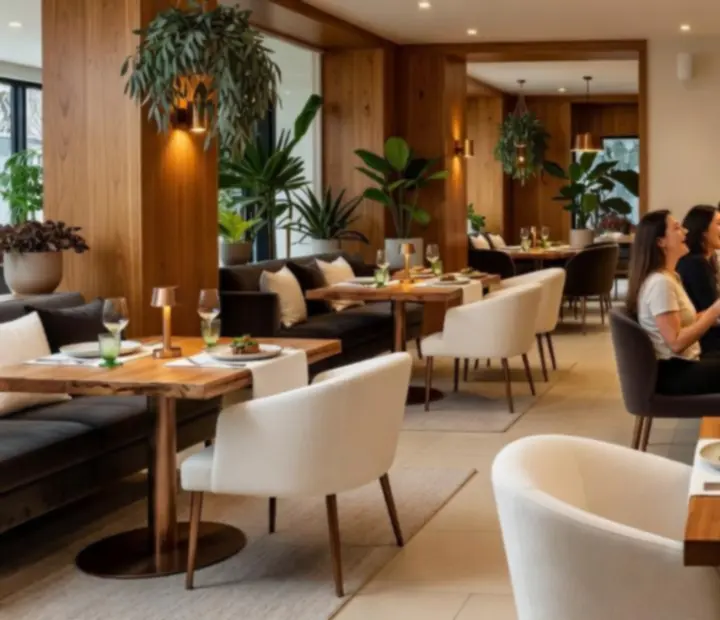 Cinematic modern Australian restaurant interior with guests dining and an elegant poker table nearby