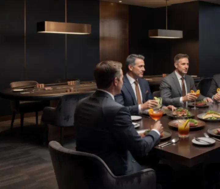 Corporate guests enjoying a refined dinner and conversation in a modern Australian dining room
