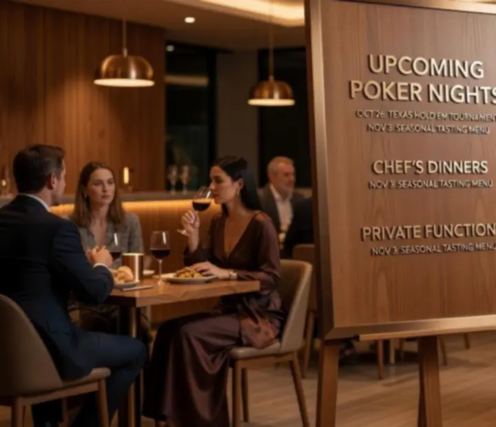 Cinematic evening scene at TheGoldenFfold with guests dining beside elegant poker tables