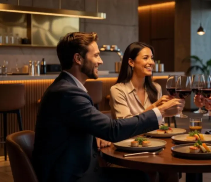 Guests sharing a cinematic evening with cocktails, fine dining and a refined poker table in view