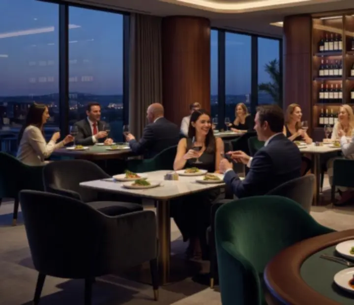 Guests enjoying modern Australian dining beside elegant poker tables in a warm evening setting