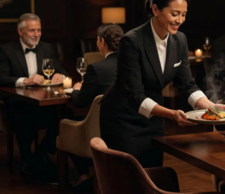 Attentive hospitality team welcoming guests in a warm evening setting