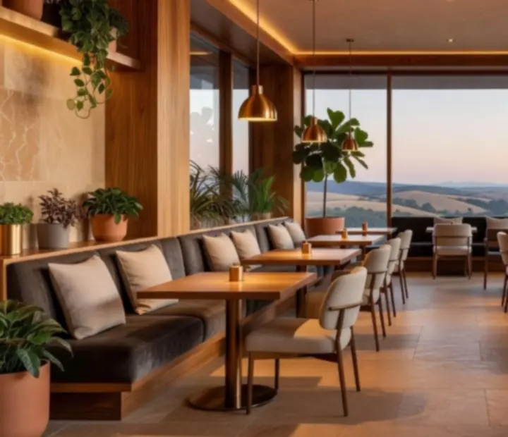 Elegant contemporary Australian restaurant interior with warm lighting and timber finishes