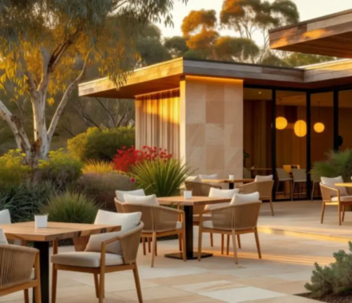 Evening exterior of TheGoldenFfold with warm architectural lighting and guests arriving