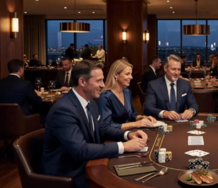 Elegant poker tables beside a modern Australian dining setting at TheGoldenFfold