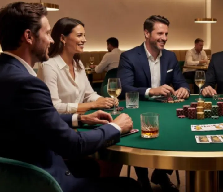 Guests playing poker around an elegant table with cocktails in a warm, cinematic setting