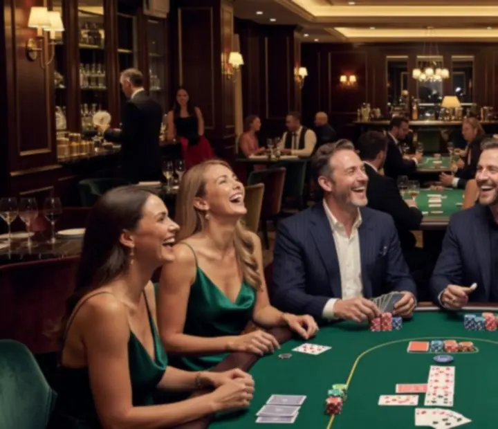 Cinematic ambience of TheGoldenFfold with guests dining and playing poker in a warm evening light