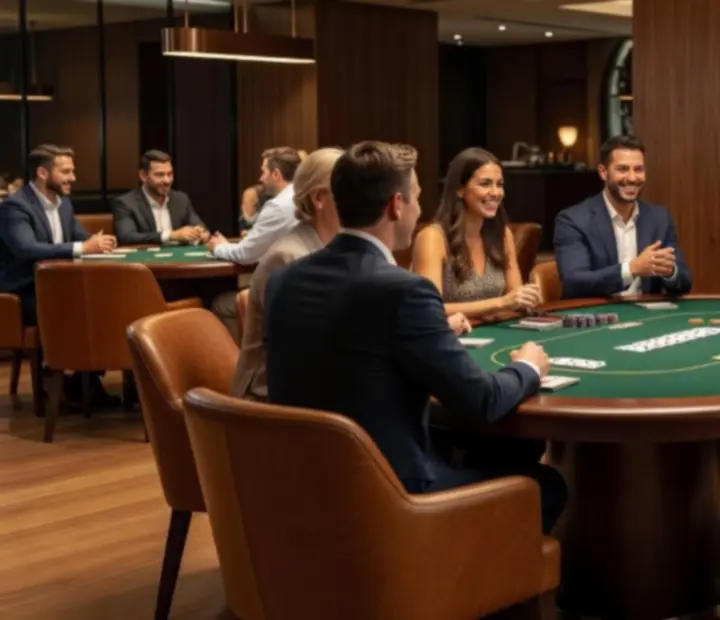 Elegant poker lounge with guests enjoying a friendly game at polished tables