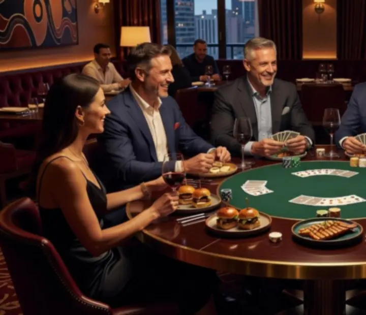 An elegant poker table set with refined share plates and cocktails in a luxurious restaurant lounge.