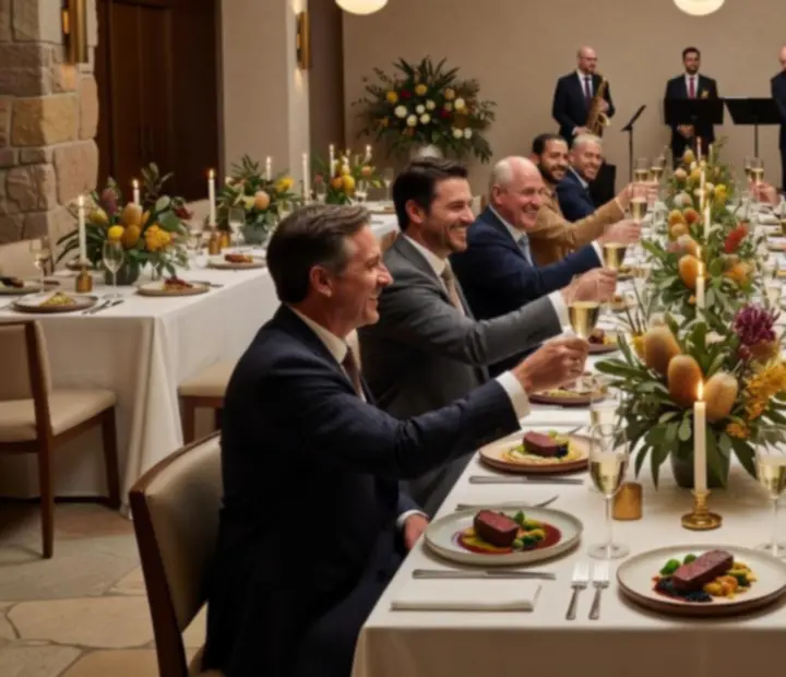 Festive group enjoying a holiday celebration with ambient lighting and refined table styling