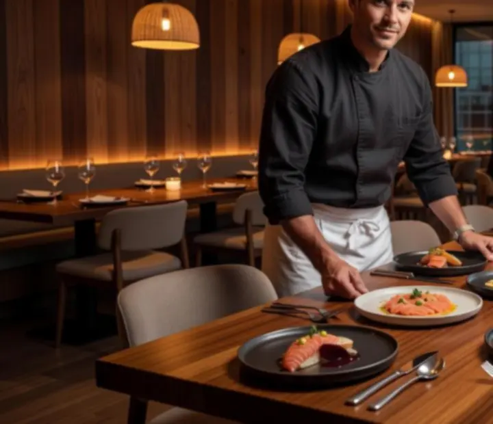 A cinematic overhead of TheGoldenFfold's seasonal chef's selection dishes arranged on a dark stone table.