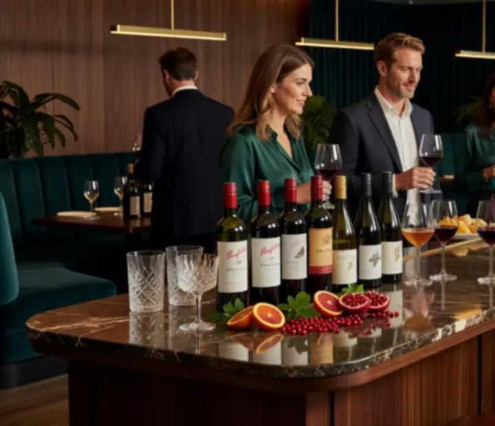 Bartender preparing a sophisticated cocktail beside a display of premium wine bottles