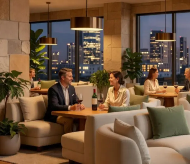 Contemporary Australian wine lounge at TheGoldenFfold with warm evening lighting and panoramic windows